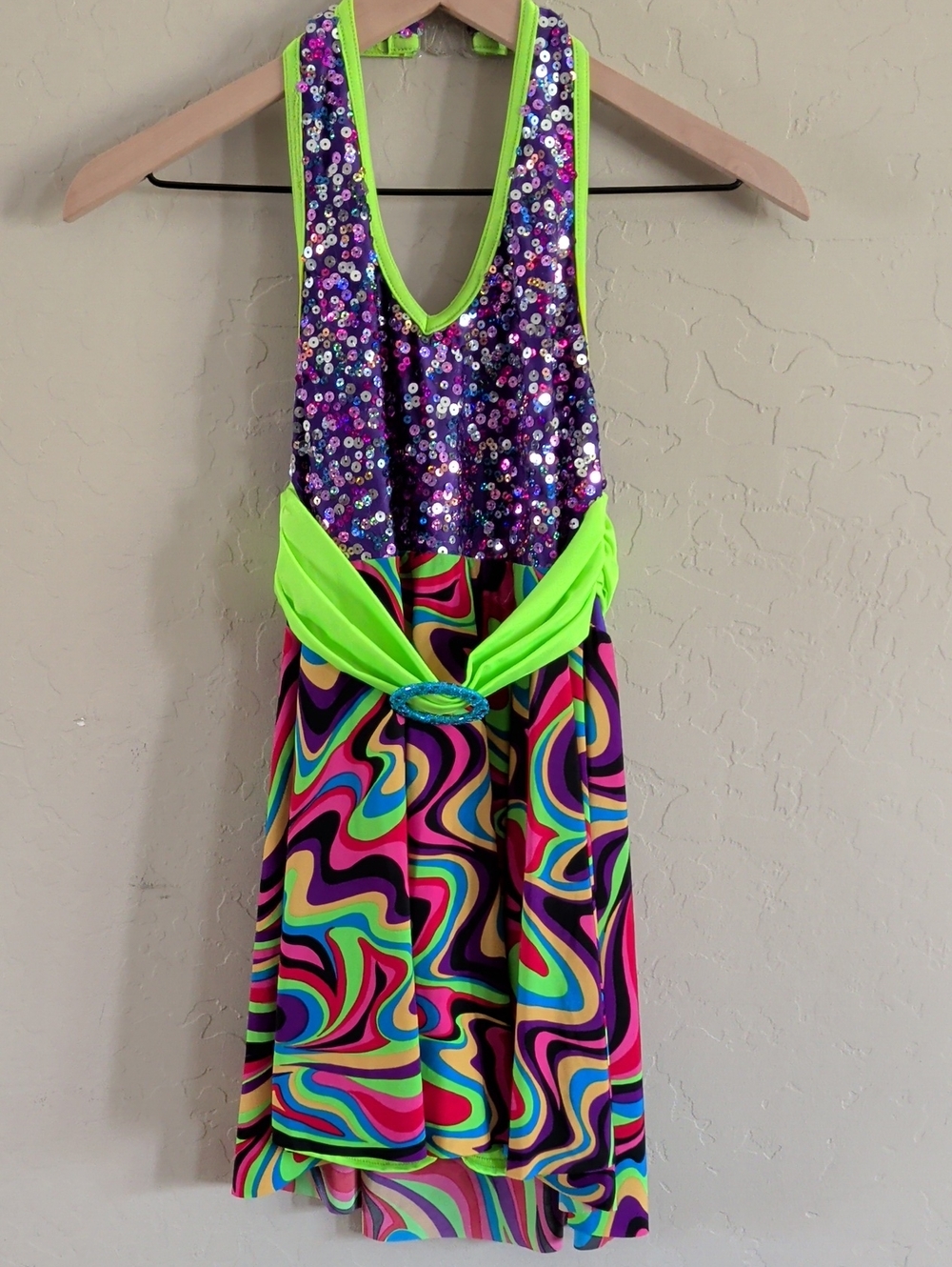 Sequin Bodice Neon Swirl Party Dress